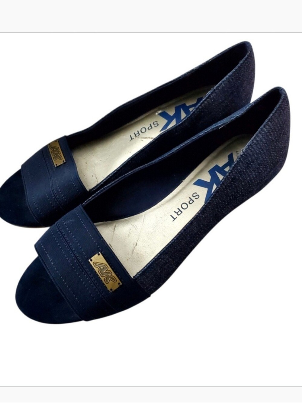 Anne Klein Sport Open-toe Navy Blue Slip-On Flats with Gold logo Accent Sz 7.5